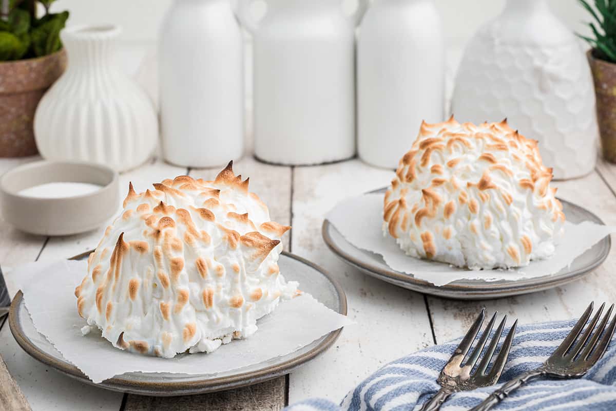 Finished Baked Alaska on a white serving plate.