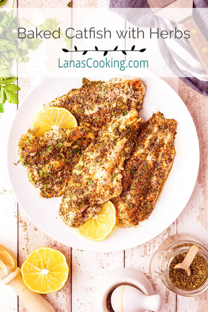 Baked Catfish on a white plate. Text overlay for pinning.