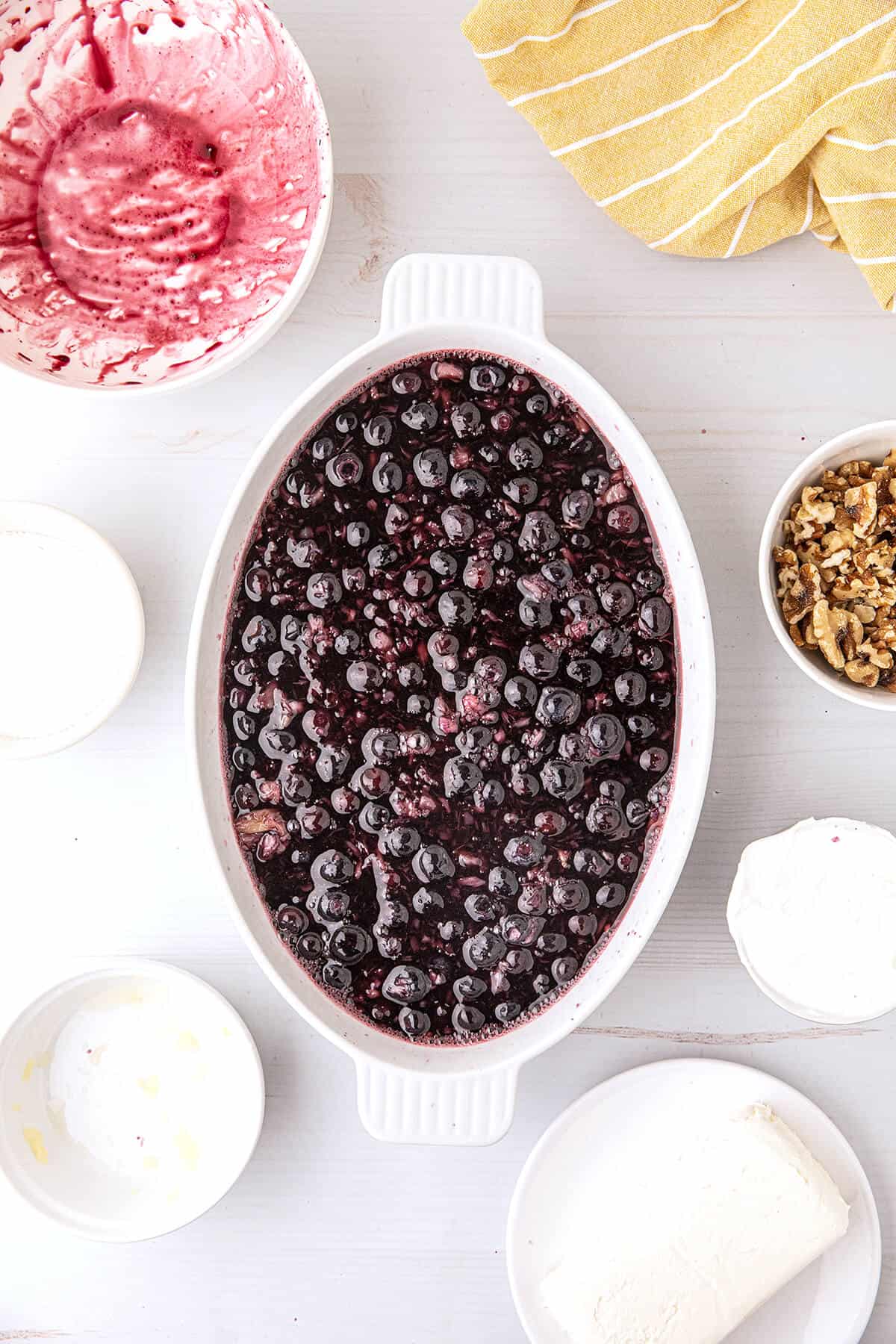 Thawed blueberries added to jello mixture.