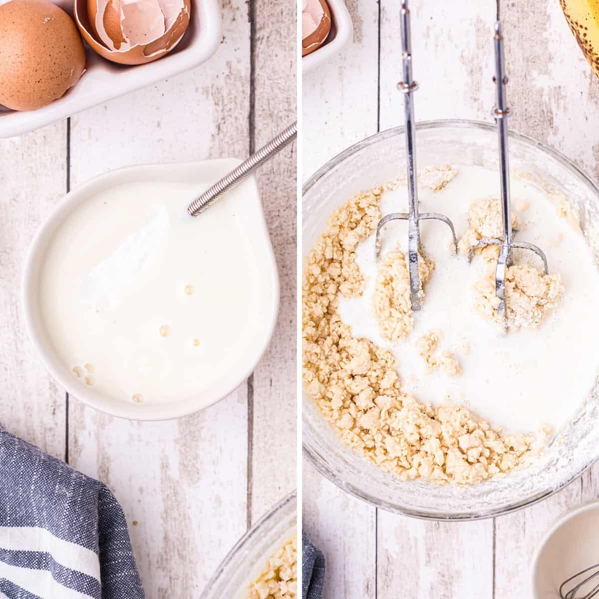 Photo collage showing adding baking soda to buttermilk (left) and combining the buttermilk with the flour, sugar, and eggs (right).