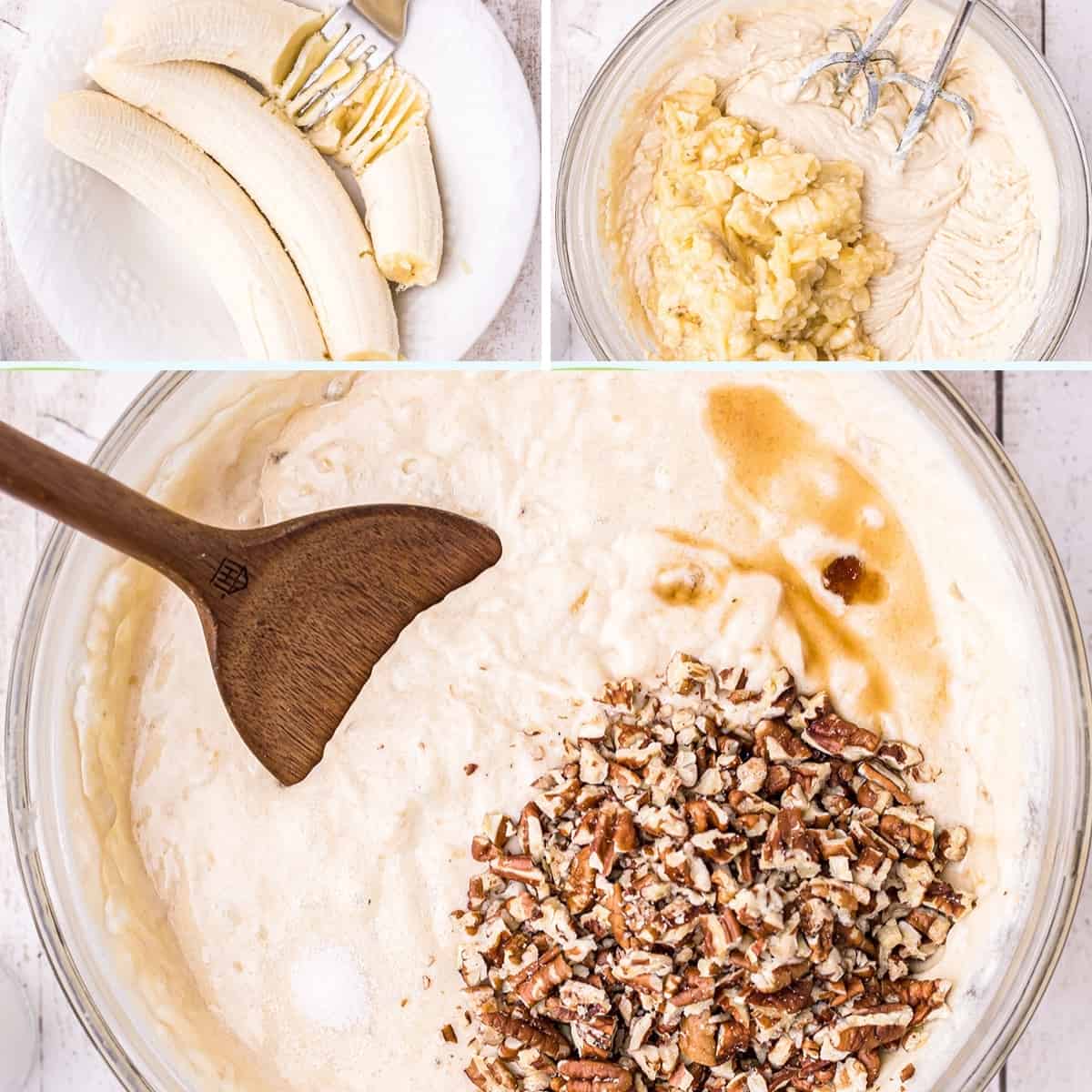 Photo collage showing (upper left) mashing bananas, (upper right) adding mashed bananas to batter, and (lower) stirring pecans, salt, and vanilla into the batter.