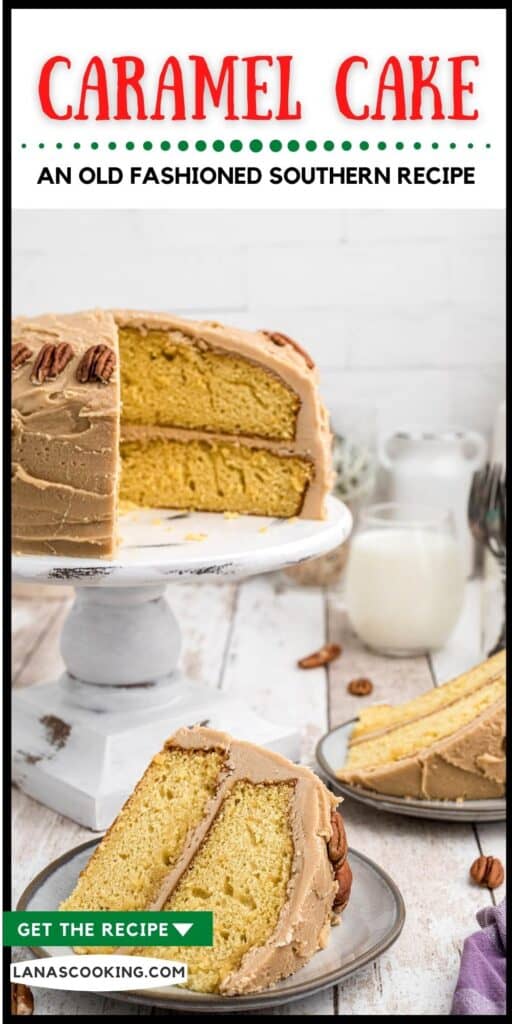 Slices of southern caramel layer cake on serving plates.