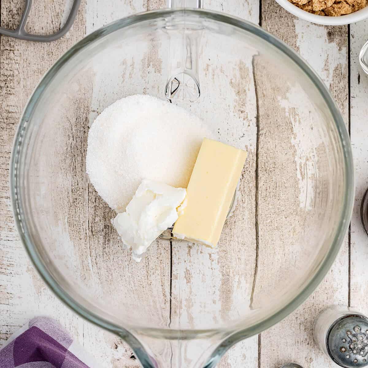 Butter, shortening, and sugar in a mixing bowl.