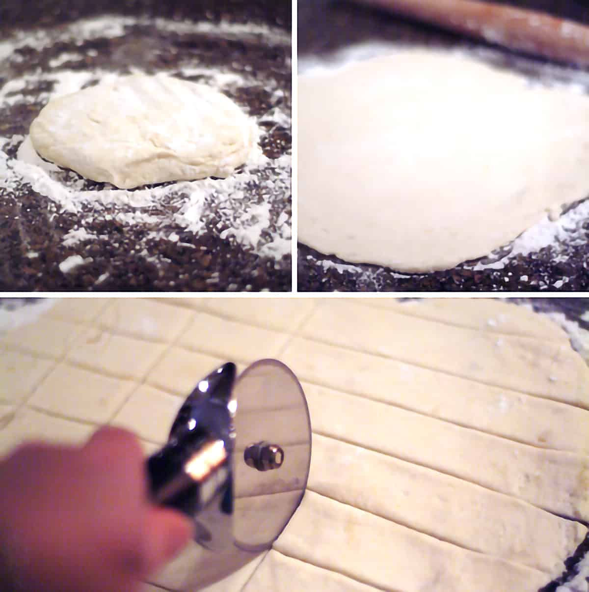 Photo collage showing the dumplings being rolled out and cut into strips.