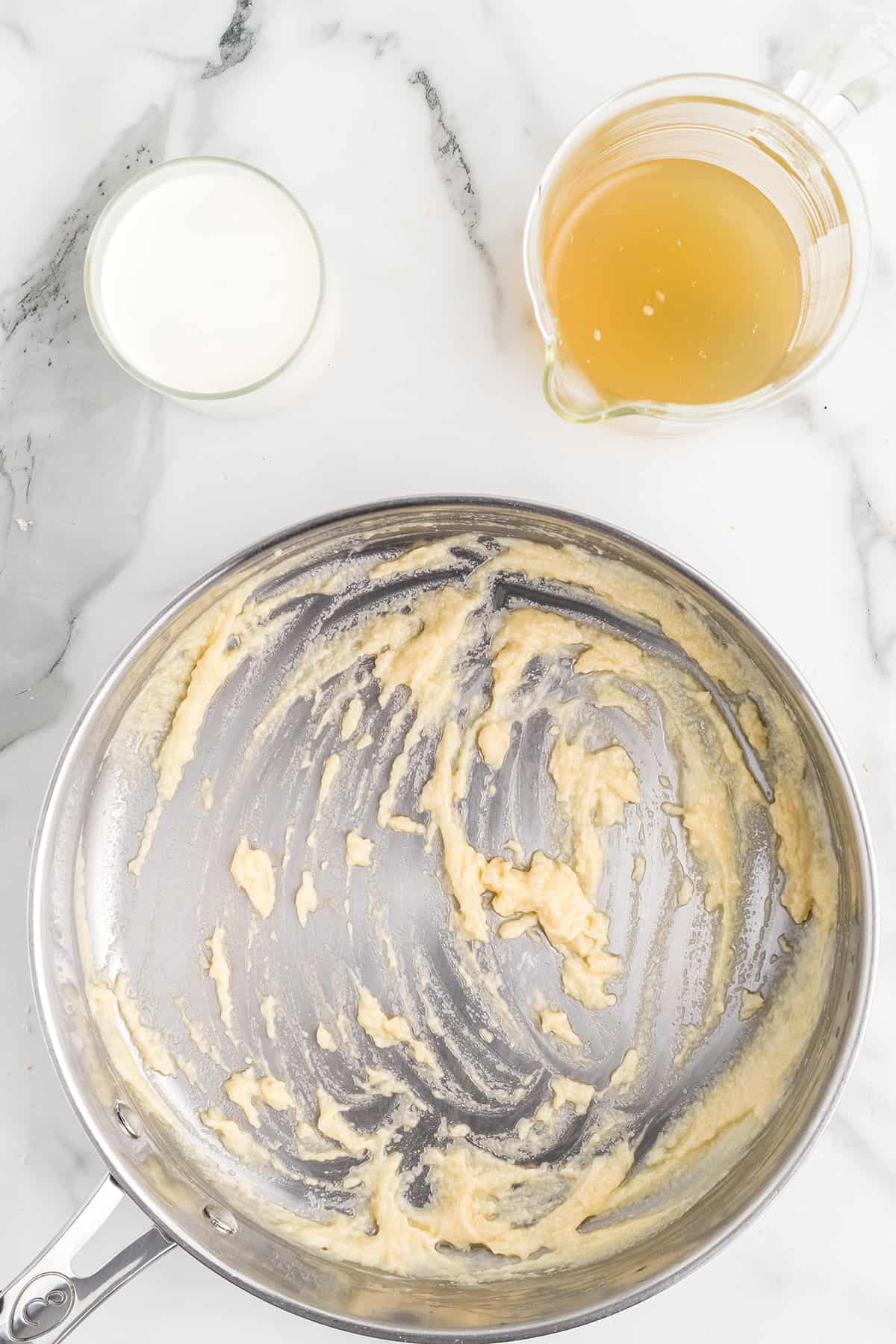 Butter and flour mixed in the skillet.