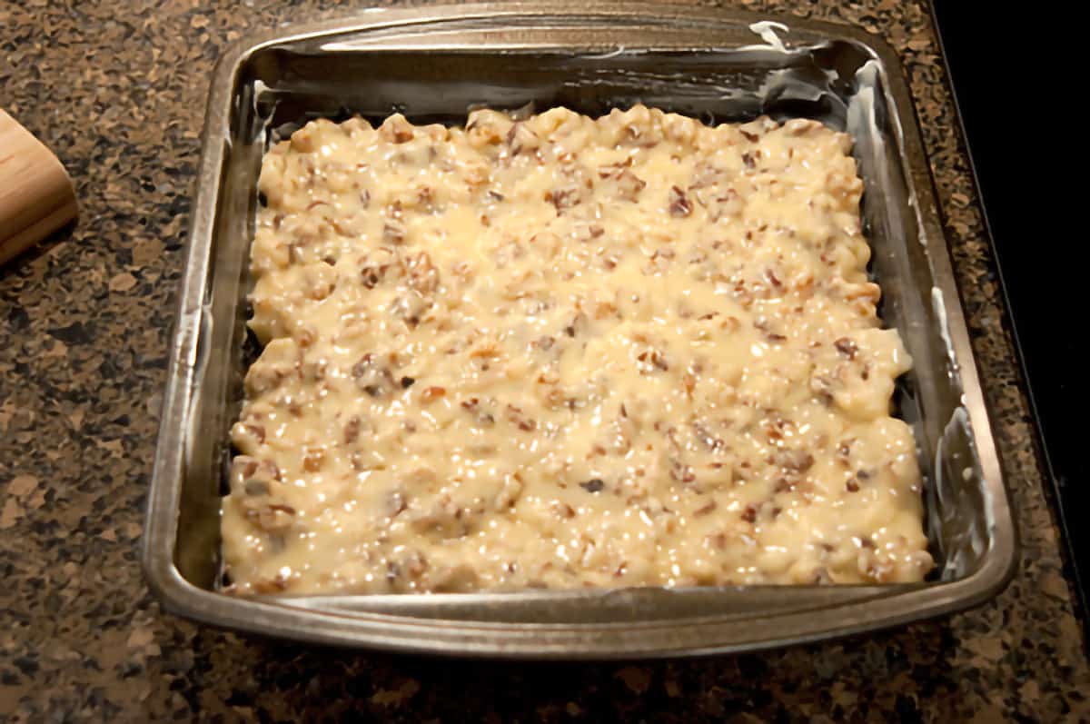 Mixture spread into an 8x8 square baking pan.