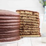 A slice of cake held on a spatula.