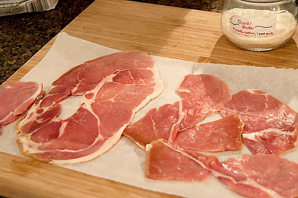 Ham slices after milk soak drying on paper towels