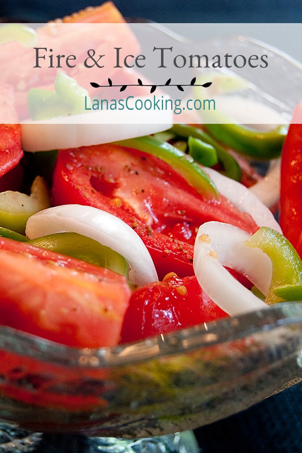 This vintage recipe for Fire and Ice Tomatoes is a sweet-tart salad with late summer tomatoes, bell peppers, and sweet Vidalia onions. https://www.lanascooking.com/fire-and-ice-tomatoes/