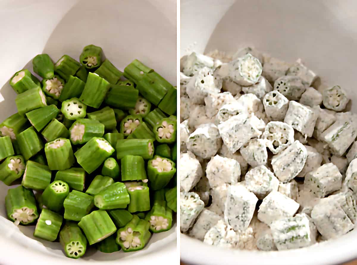 Prepped okra: On the left, a bowl holding cut okra; on the right, a bowl holding the okra pods after tossing with cornmeal.