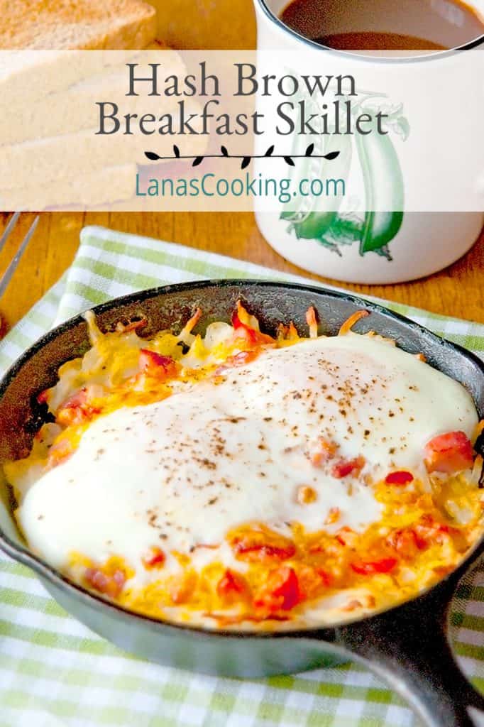 Hash Brown Omelet Skillets on a kitchen towel with a cup of coffee in the background. Text overlay for pinning.