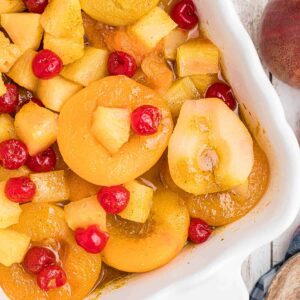 Finished baked fruit in a dish.