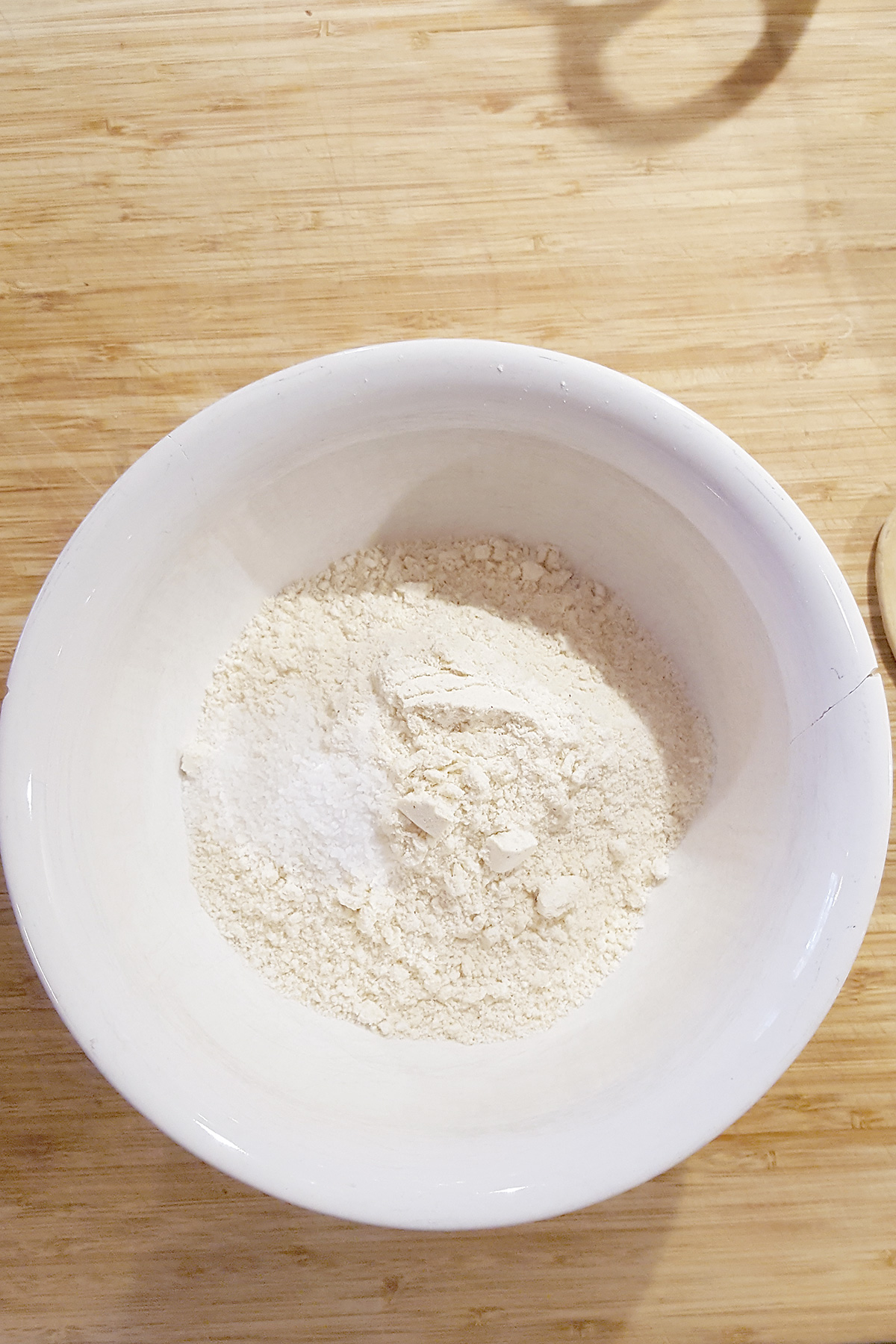 Cornmeal and salt in a mixing bowl.