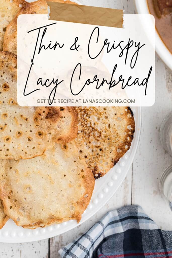 A stack of lacy cornbread on a white plate.