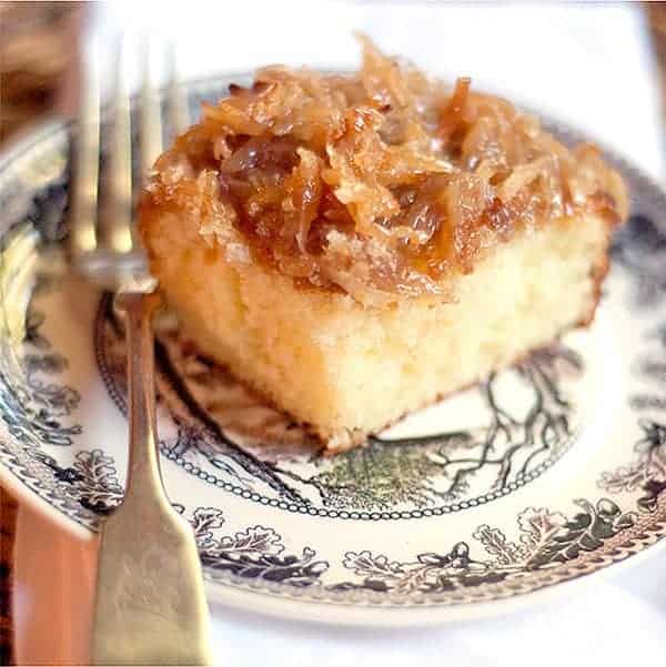 A serving of lazy daisy cake on a vintage plate.