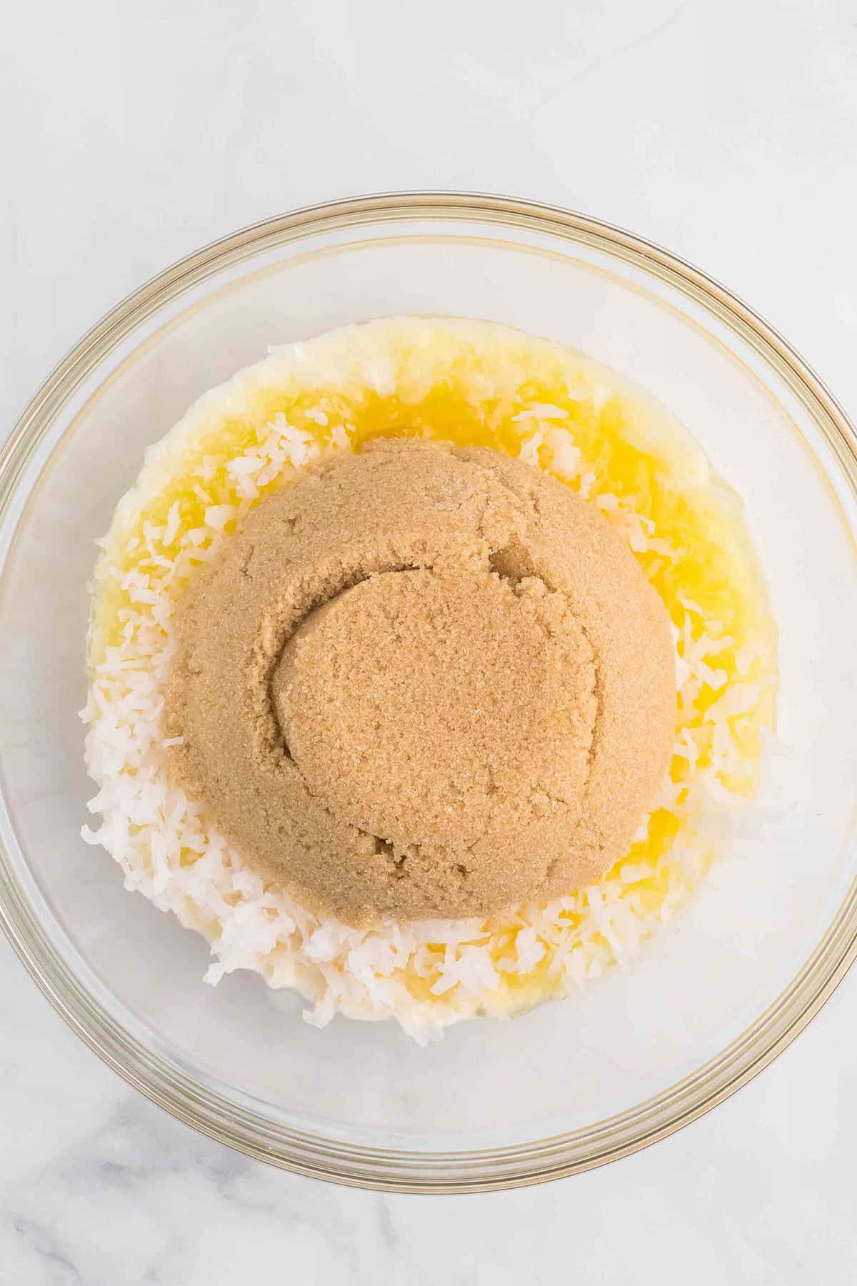 Topping ingredients in a mixing bowl.