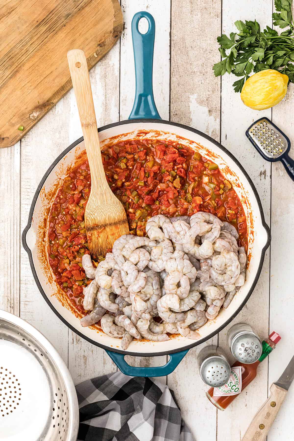 Shrimp added to creole sauce.