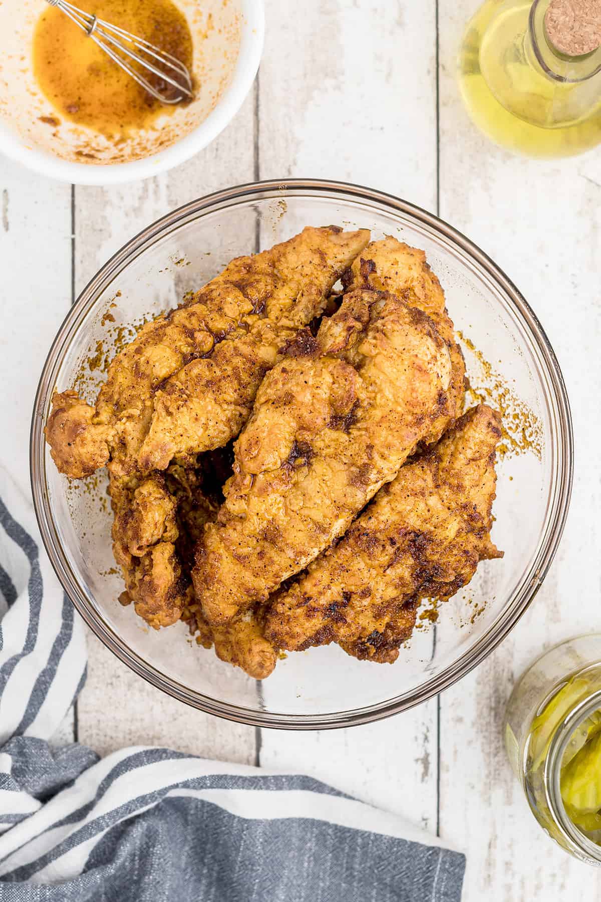 Chicken tenders tossed in hot sauce mixture.