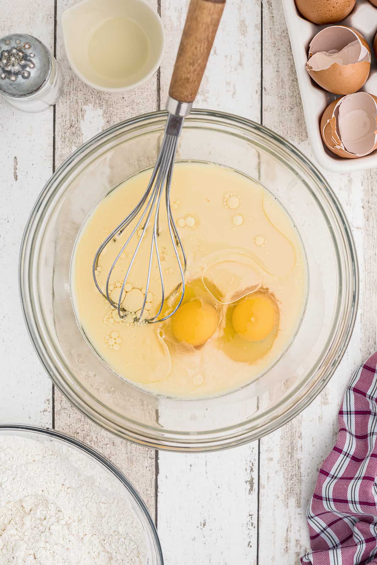 Wet ingredients in a mixing bowl.