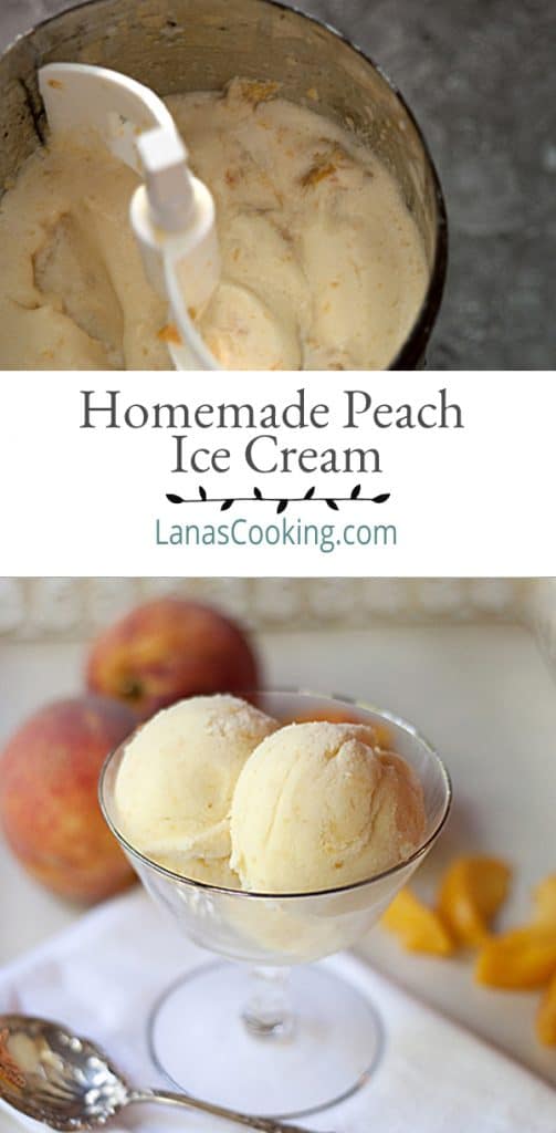 Creamy, cold and delicious homemade peach ice cream with sweet, fresh Georgia grown peaches and rich with eggs, heavy cream, and whole milk. https://www.lanascooking.com/homemade-peach-ice-cream/