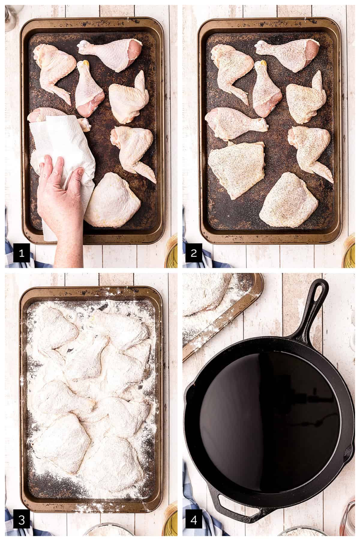 Photo collage showing the first four steps of the process for making simple fried chicken.