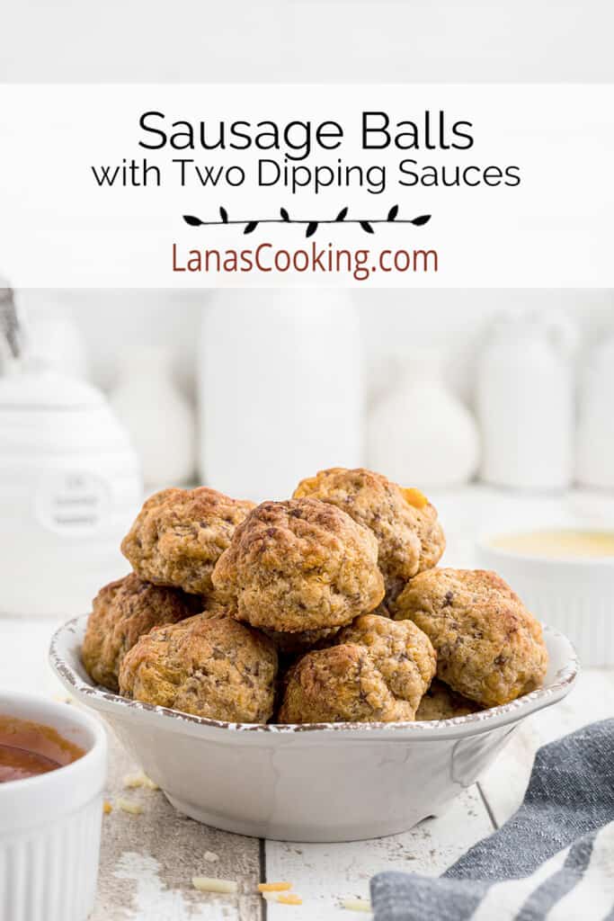 Finished sausage balls in a white serving bowl.