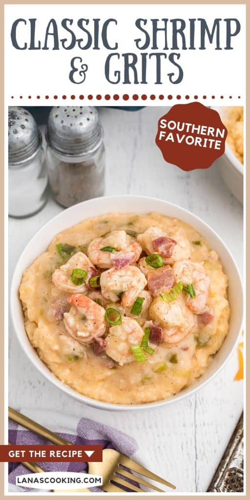 A serving a shrimp and grits in a white bowl.