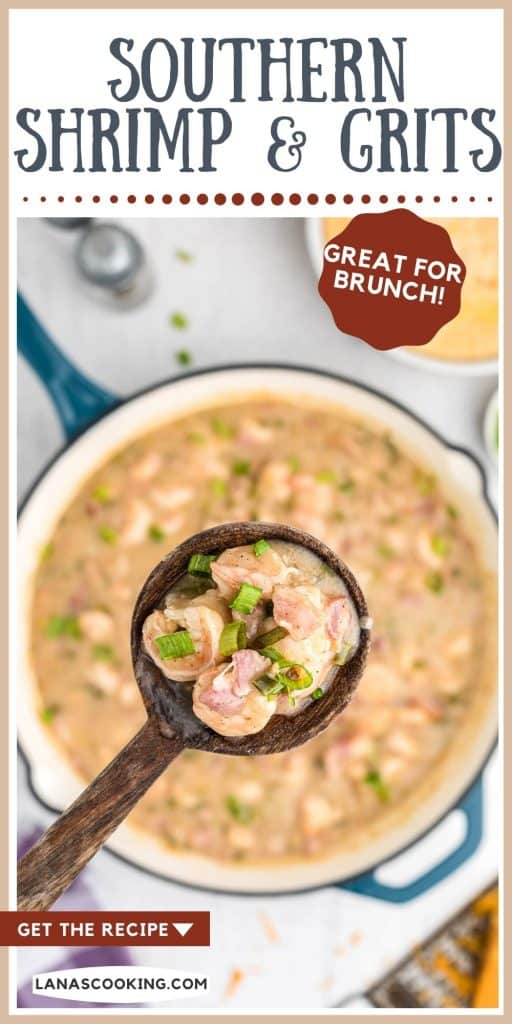 A wooden spoon holding a bite of shrimp and grits.