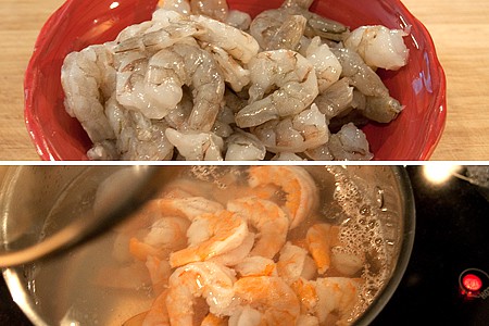 Shrimp cooking in a small saucepan.