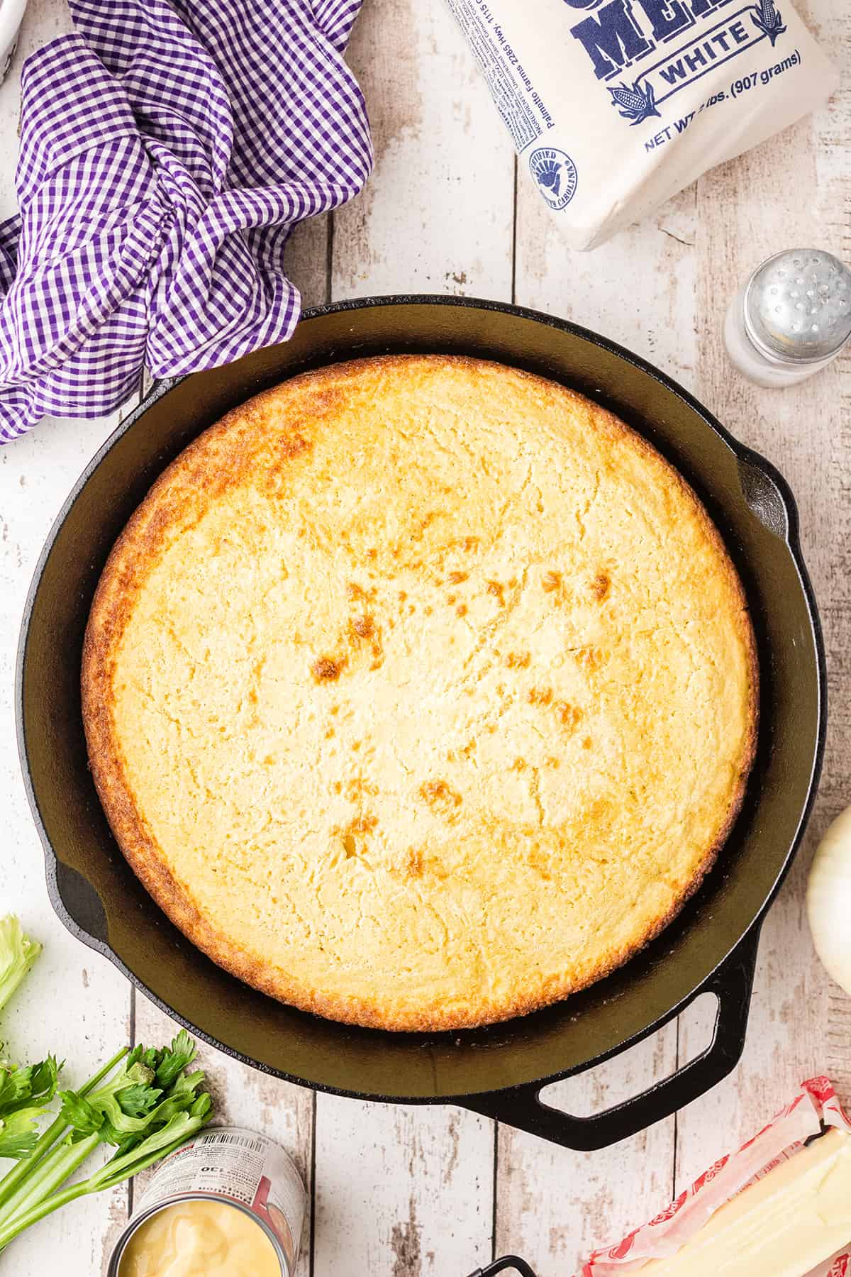 Finished egg bread in a cast iron skillet.