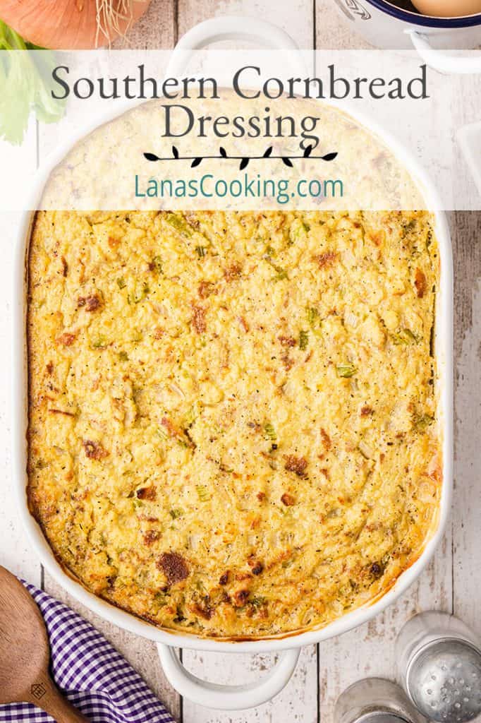 Southern Cornbread Dressing in a white baking dish.