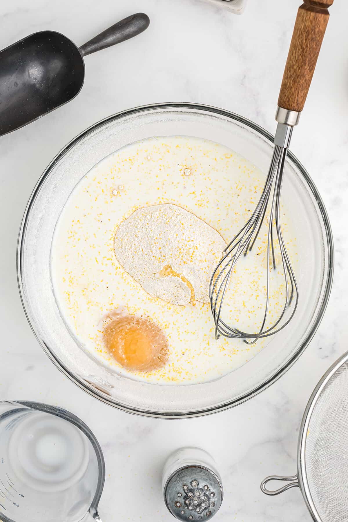 Wet ingredients added to dry ingredients.