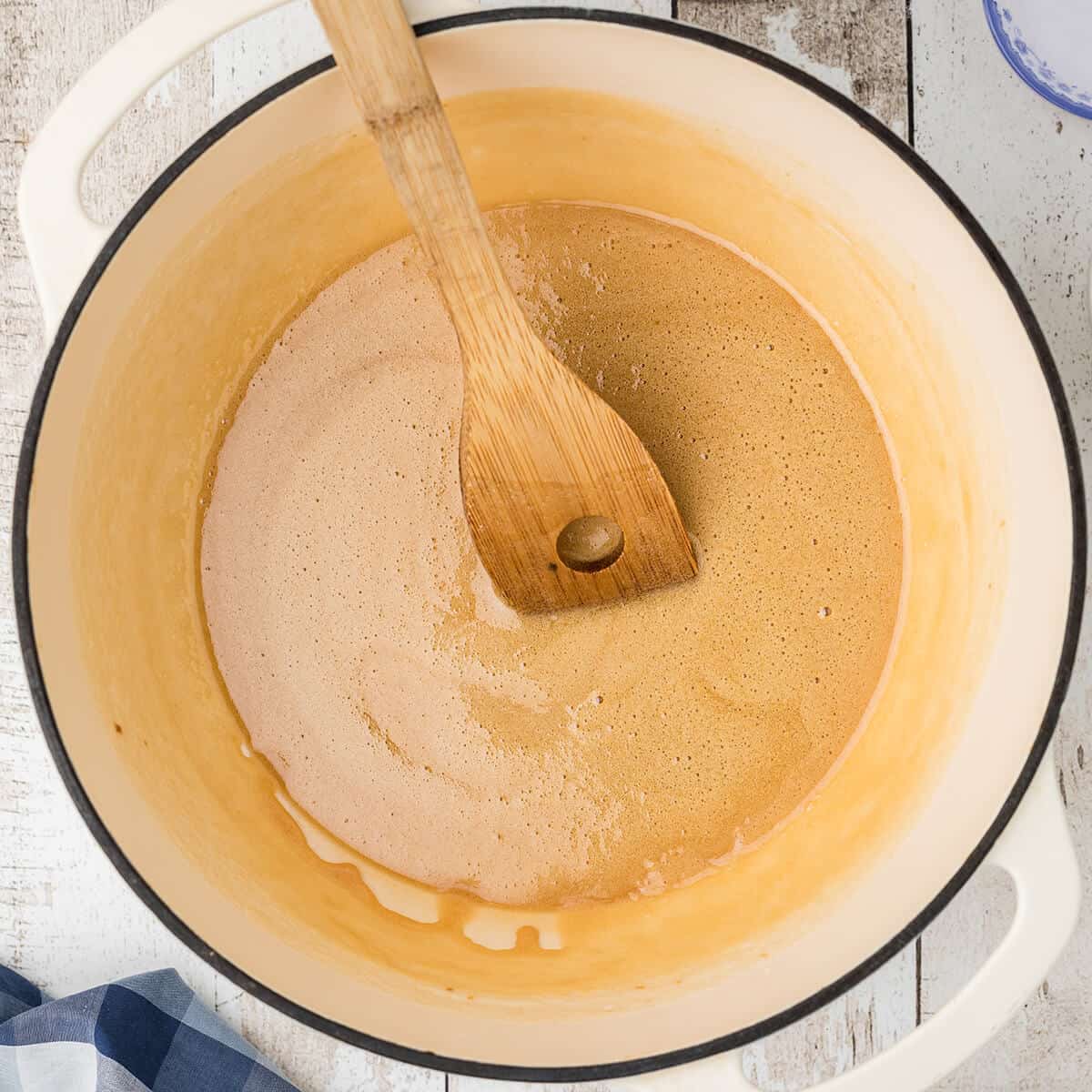 Cooked candy mixture standing off heat.