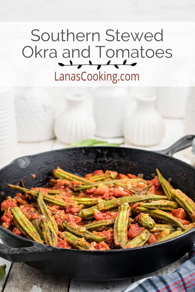 Finished okra and tomatoes in a cast iron skillet.