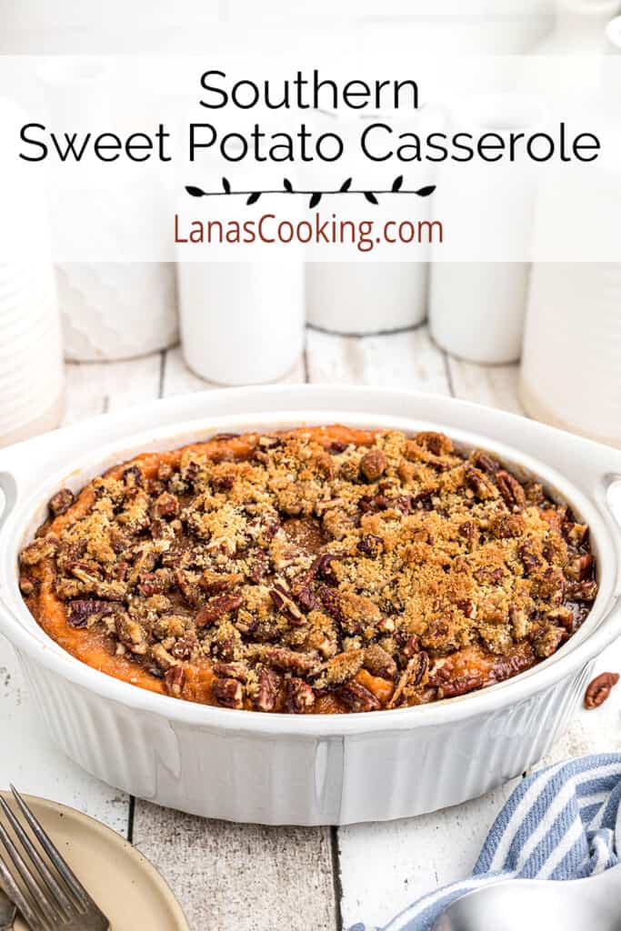 Sweet potato casserole in a white baking dish.