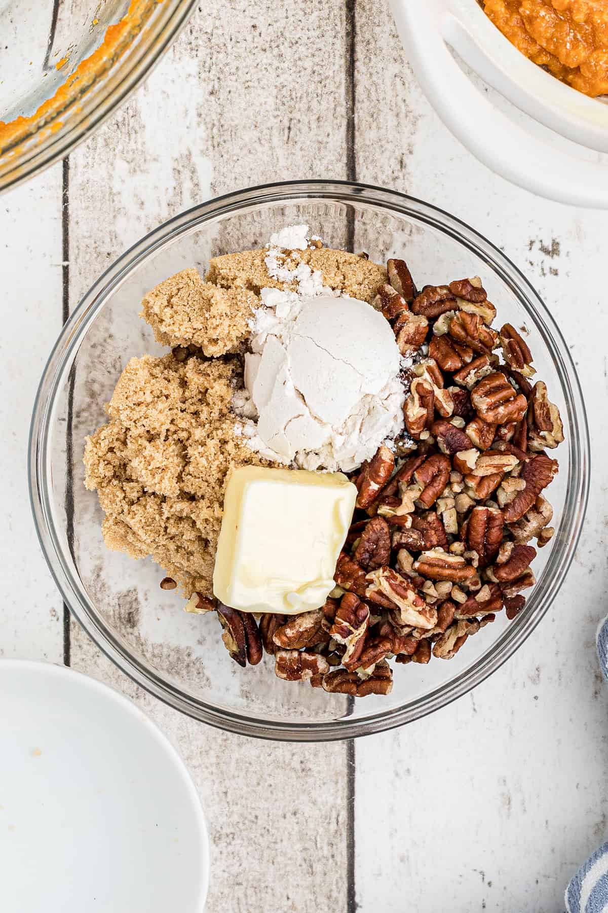 Pecan streusel ingredients in a mixing bowl..