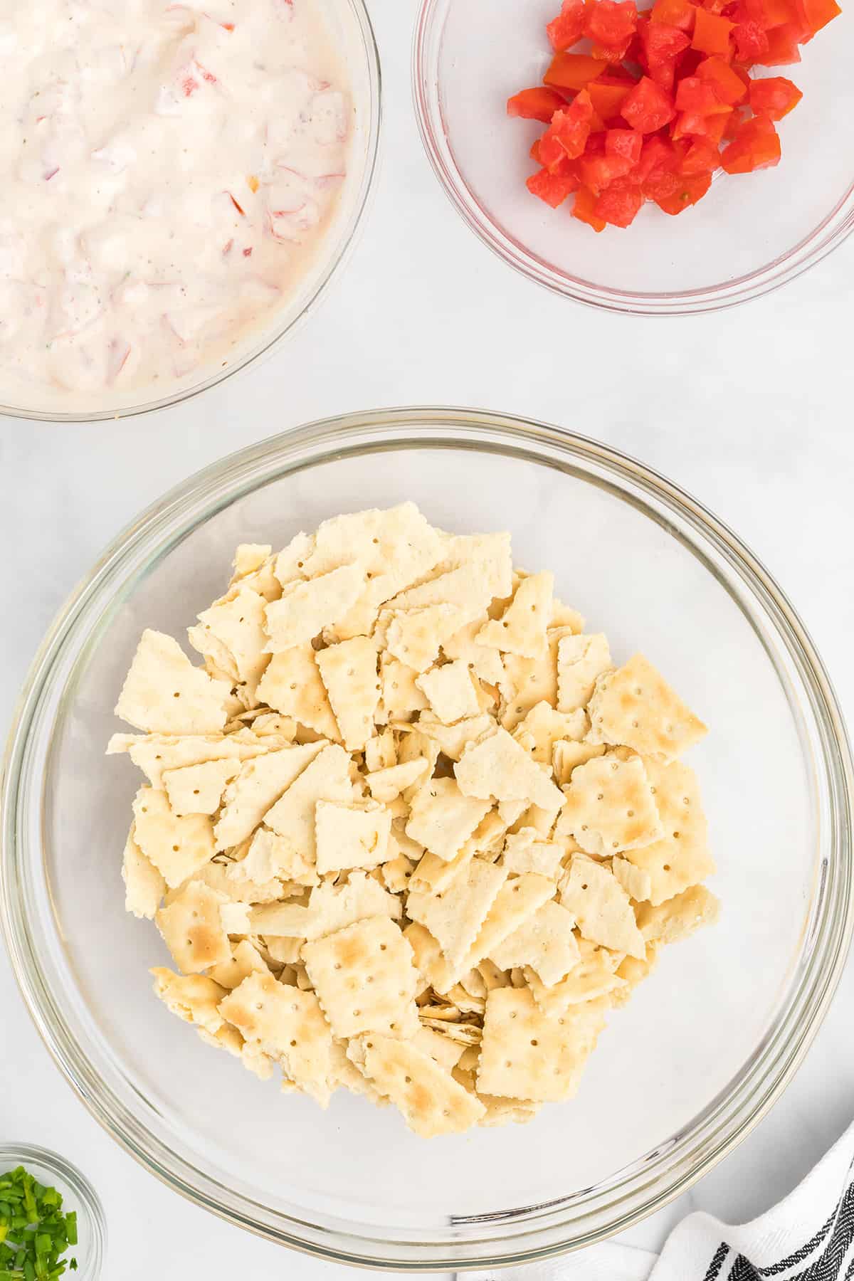 Broken crackers in a bowl.