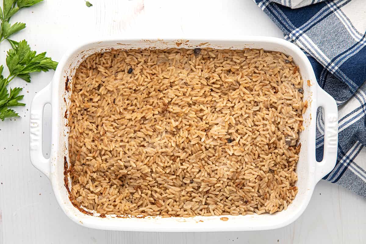 Rice in baking dish after cooking for one hour.