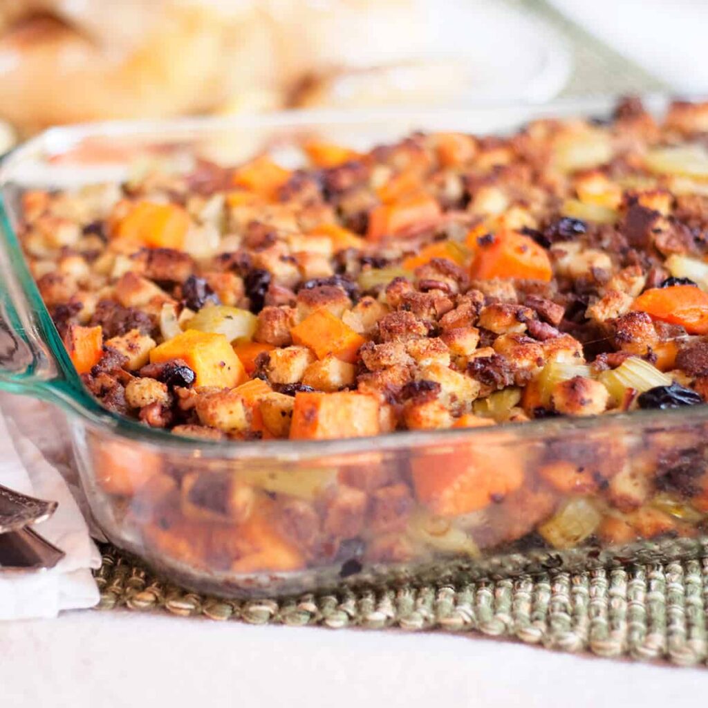 Sweet Potato and Pecan Stuffing in baking dish.