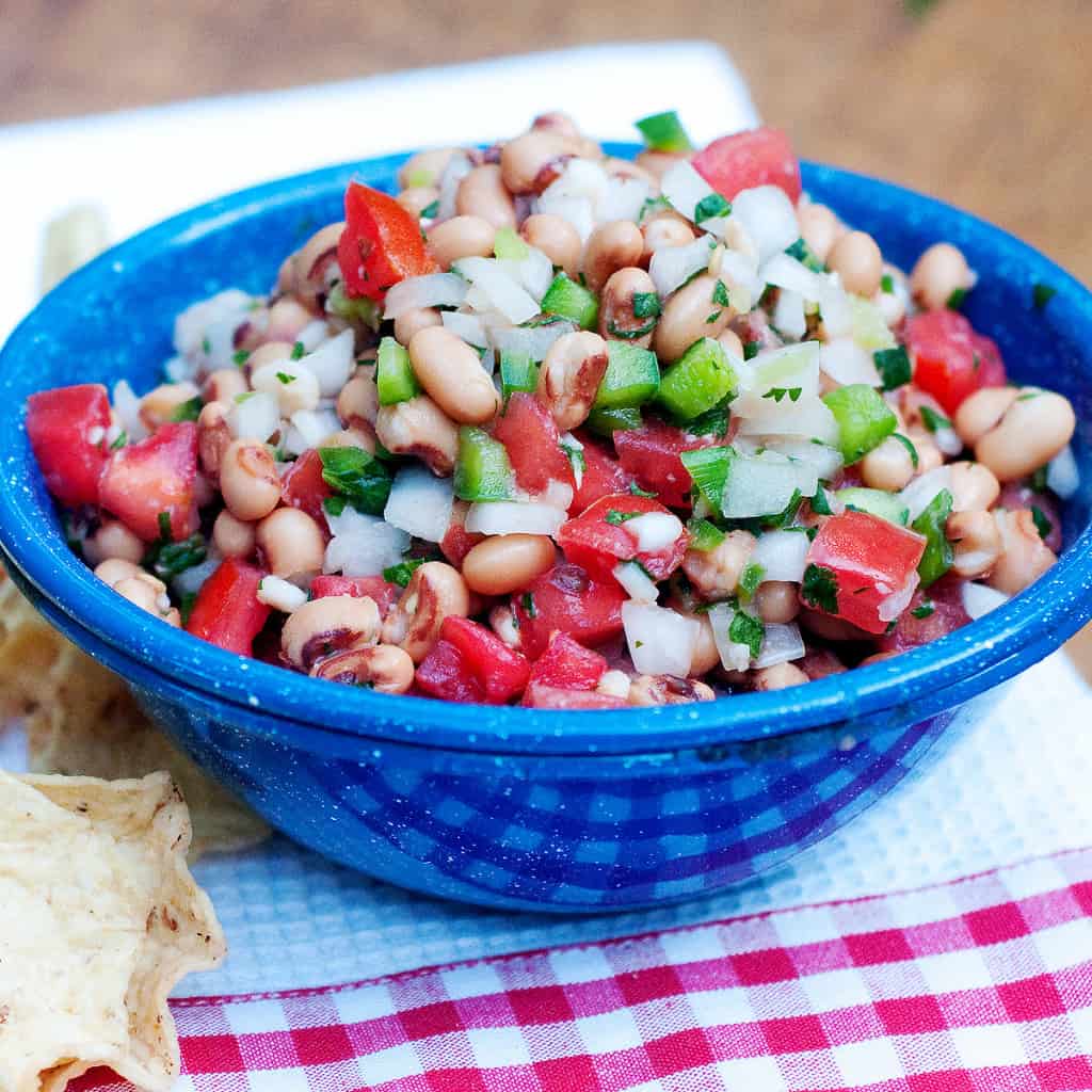 Texas caviar in a blue bowl.