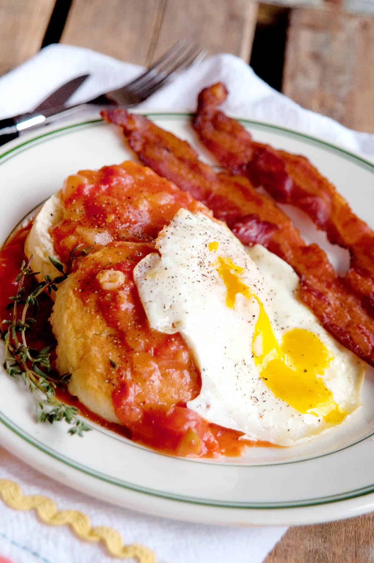 Tomato gravy with an over easy egg on buttermilk biscuits.