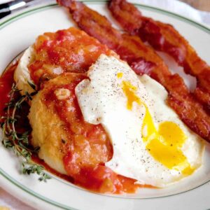 Tomato gravy with an over easy egg on buttermilk biscuits.