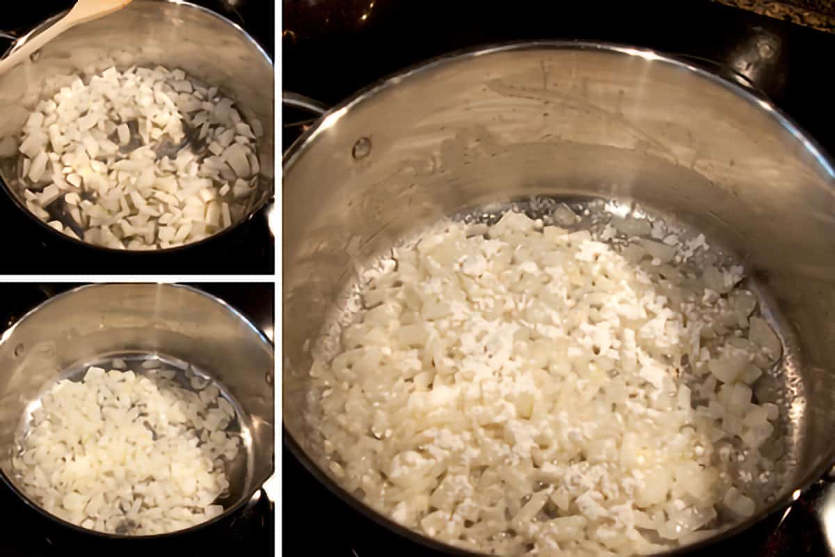 Onions cooking in a saucepan.