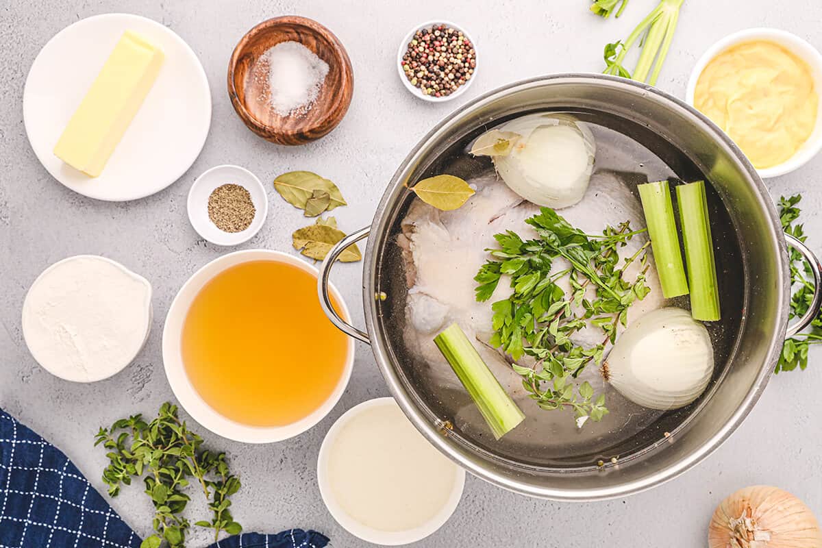 Chicken covered with water in a pot.