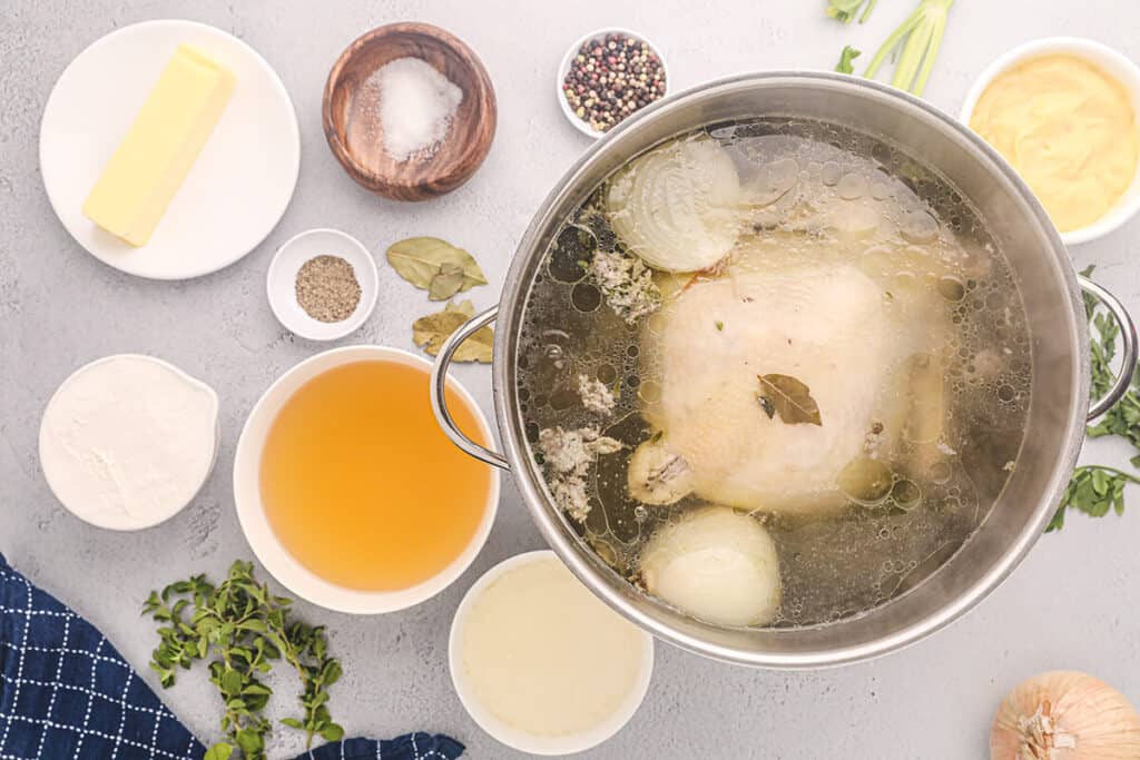 Cooked chicken cooling in pot.