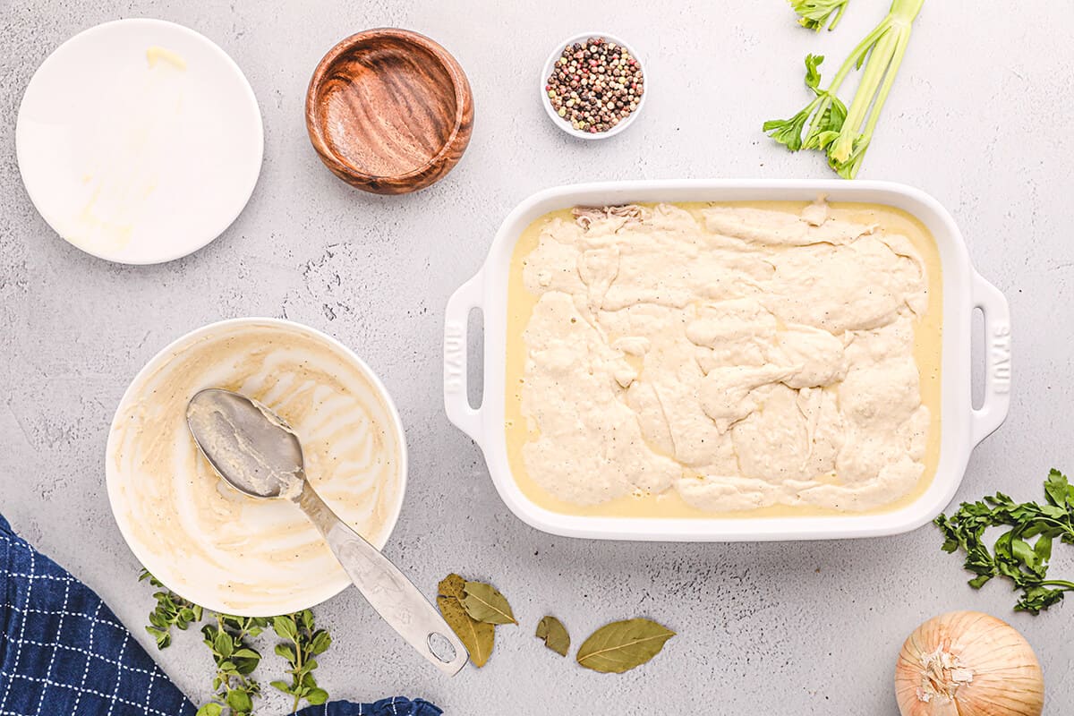 Chicken pie topped with batter crust.