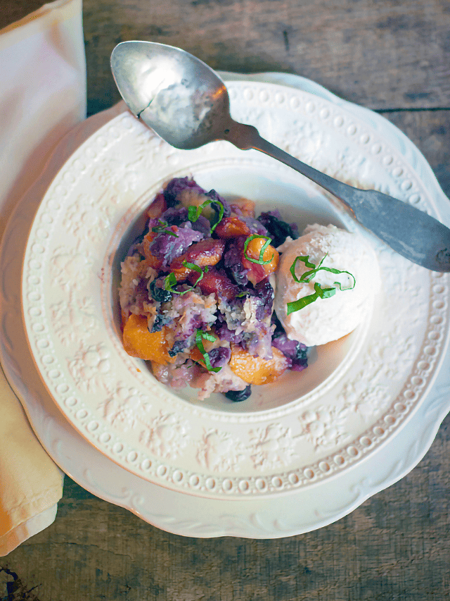 Easy Peach Blueberry Basil Cobbler Story