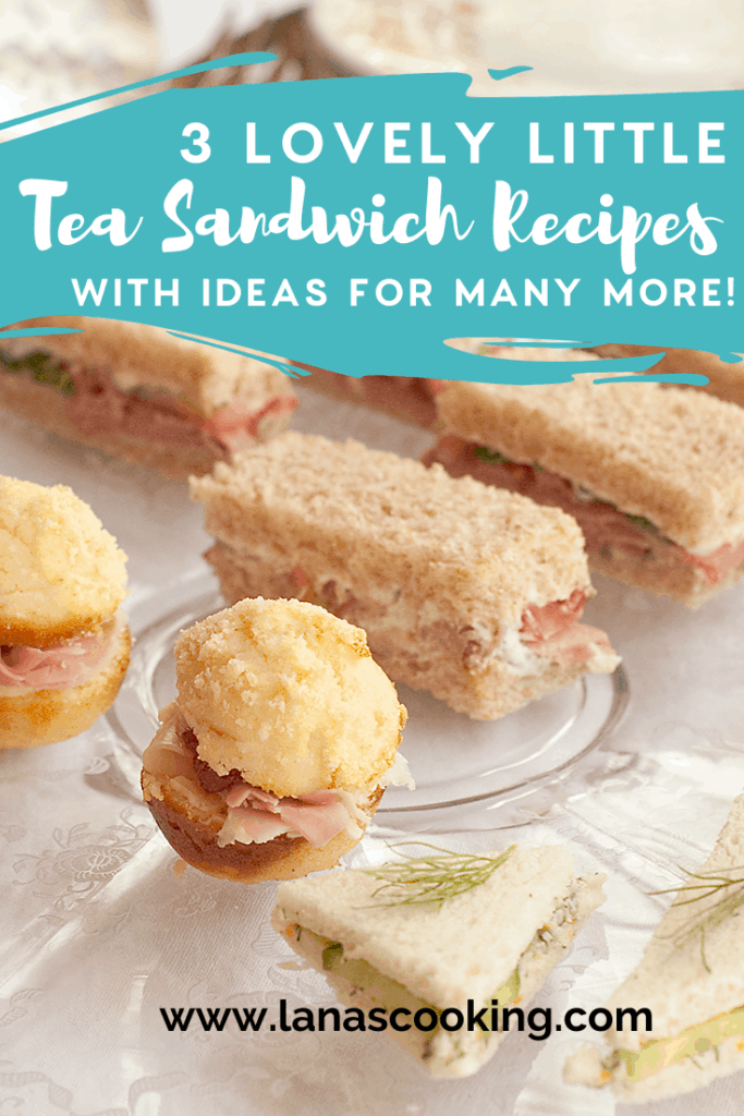 A glass tray displaying three types of tea sandwiches.